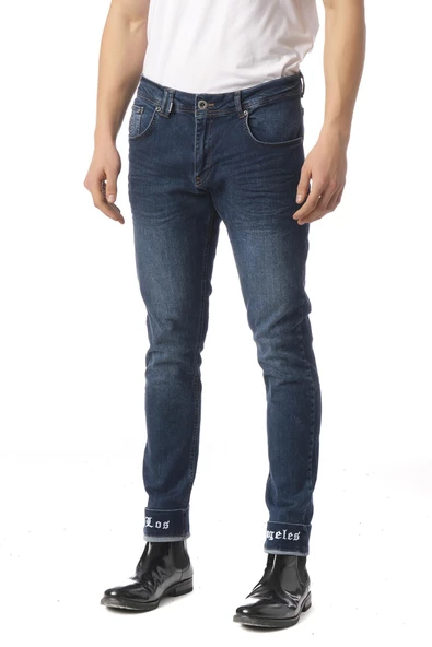 Erkek Slim Fit Paçası Yazı Detaylı Likralı Jean Kot Pantolon - 3