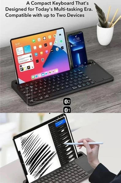 Apple iPad Air 5. Nesil 10.9" Uyumlu Kablosuz Bluetooth Şarjlı Büyük Boy Standlı TouchPad'li Klavye - 4