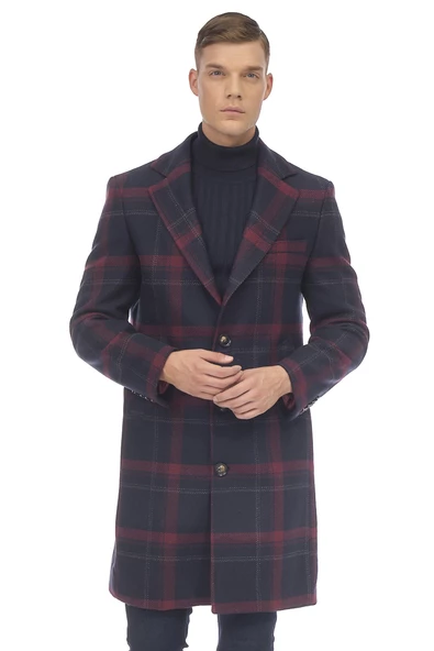 Erkek Regular Fit Ekose Desenli Kareli Kalın Kışlık Klasik Uzun Kaşe Kaban - 7
