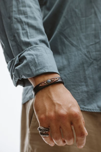 Hakiki Deri Siyah Şeritli Taba Üst Parçalı Nazar Boncuklu Bileklik - 2