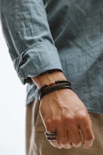 Hakiki Deri Siyah Şeritli Saç Örgülü Oniks Taşlı Ahşap Aksesuarlı Bileklik - 2