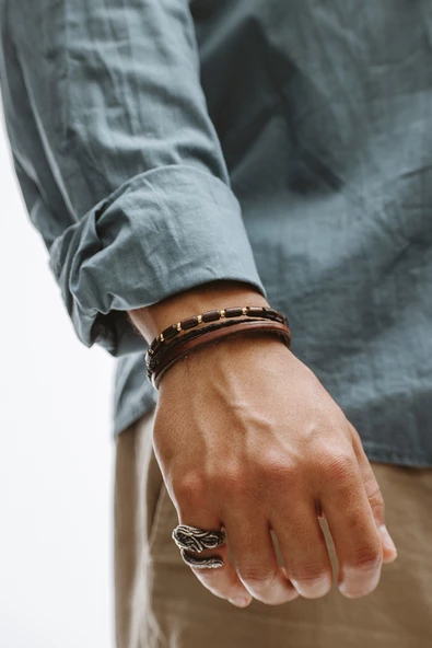 Hakiki Deri Taba Şeritli Kahve Boru Örgülü Oval Ahşaplı Bileklik - 2