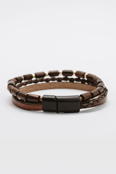 Hakiki Deri Taba Şeritli Kahve Boru Örgülü Oval Ahşaplı Bileklik - 3