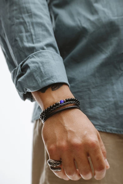 Hakiki Deri Siyah Şeritli Saç Örgülü Nazar Boncuklu Bileklik - 2