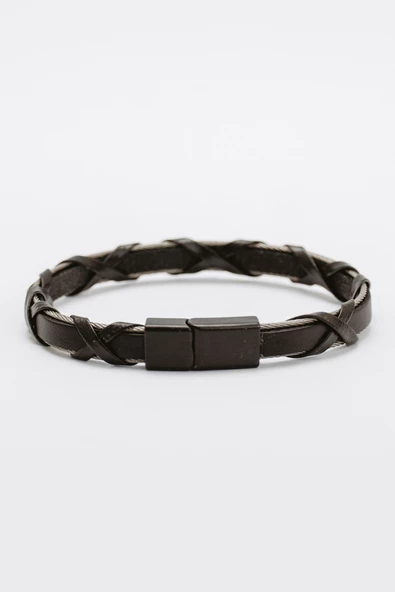 Hakiki Deri Siyah Şeritli Çelik Telli Çapraz Örgülü Bileklik - 4