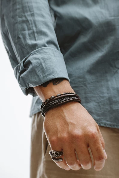 Hakiki Deri Kahve Şeritli Siyah Beşli Saç Örgülü Oval Hematit ve Oniks Taşlı Bileklik - 2