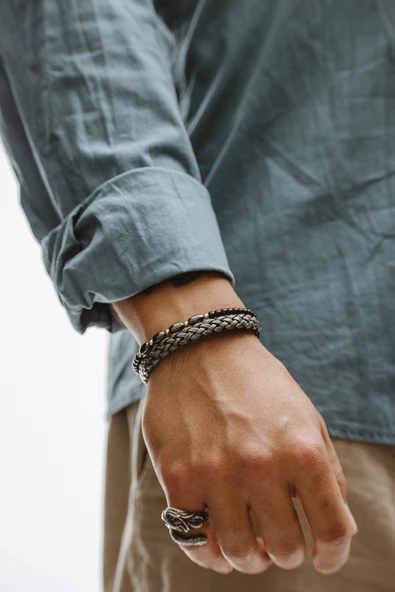 Hematit ve Oniks Taşlı Hasır Duble Örgü Oval Bileklik - 2