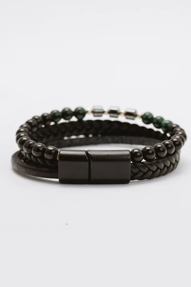 Hakiki Deri Siyah Şeritli Beşli Saç Örgülü Hematit ve Doğaltaşlı Bileklik - 3