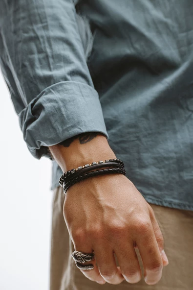 Hakiki Deri Şeritli İpli Siyah Boru Örgülü Hematitli Bileklik - 2