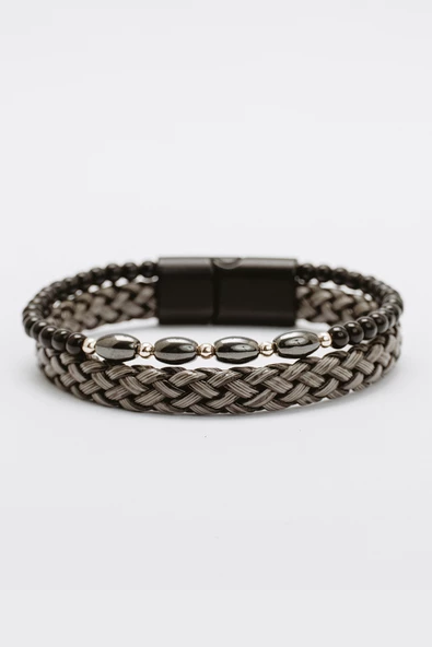Hematit ve Oniks Taşlı Hasır Duble Örgü Oval Bileklik - 3