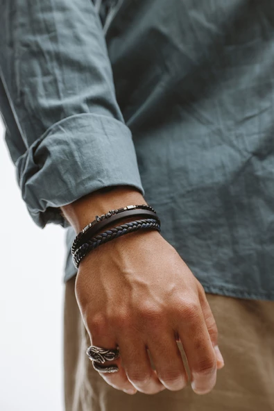 Hakiki Deri Şeritli Çakıl Taş Hematitli Lacivert Siyah Beşli Saç Örgü Bileklik - 2