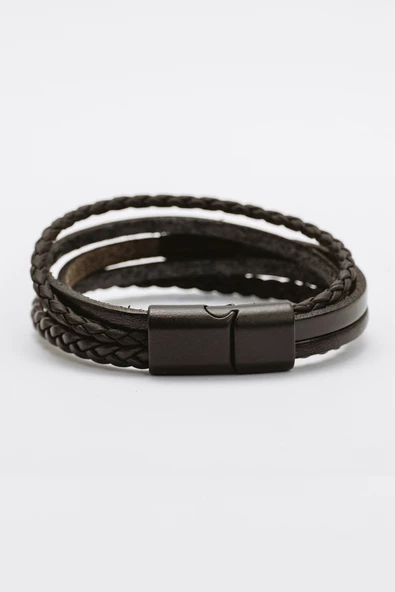 Hakiki Deri Çoklu Siyah Şeritli Saç ve Boru Örgülü Bileklik - 4