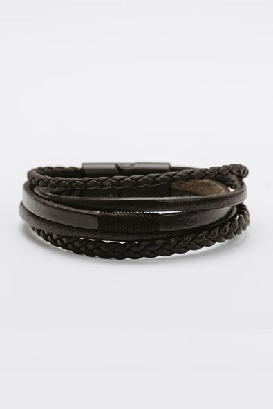 Hakiki Deri Çoklu Siyah Şeritli Saç ve Boru Örgülü Bileklik - 2