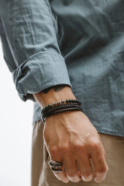 Hakiki Deri Siyah Şeritli Beşli Saç Örgülü Hematit ve Doğaltaşlı Bileklik - 2