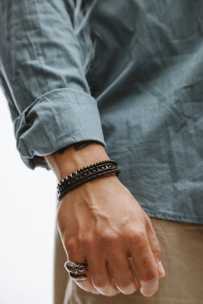 Hakiki Deri İçli ve Siyah Boru Örgülü Taşlı Bileklik - 2