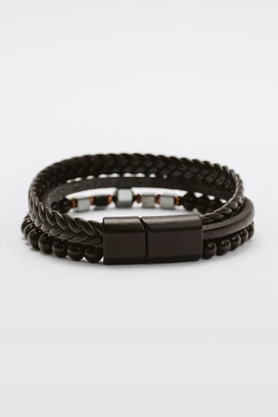 Hakiki Deri Siyah Şeritli Beşli Saç Örgülü Hematit ve Oniks Taşlı Bileklik - 3