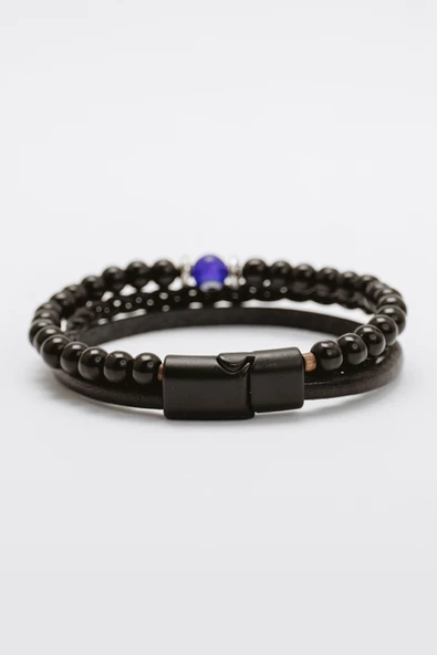 Hakiki Deri Siyah Şeritli Saç Örgülü Nazar Boncuklu Bileklik - 3