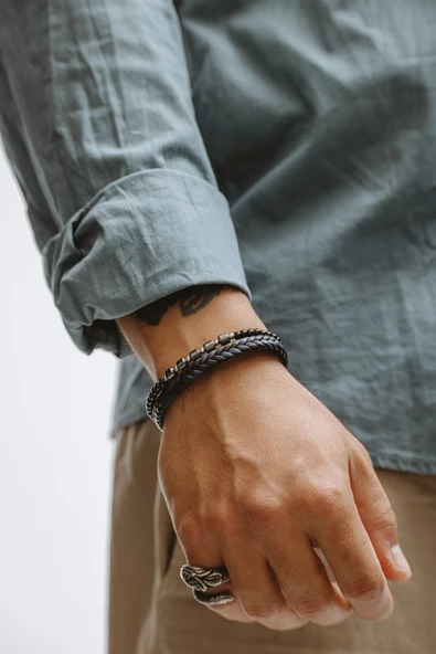 Hakiki Deri Lacivert Siyah Renk Beşli Saç Örgü Doğal Taş Hematitli Bileklik - 2