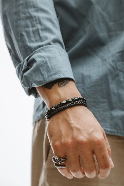 Hakiki Deri Beşli Saç Örgülü Küp Hematit ve Doğaltaşlı Bileklik - 2