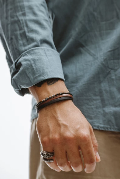 Hakiki Deri Siyah ve Taba Şeritli Hematitli Bileklik - 3