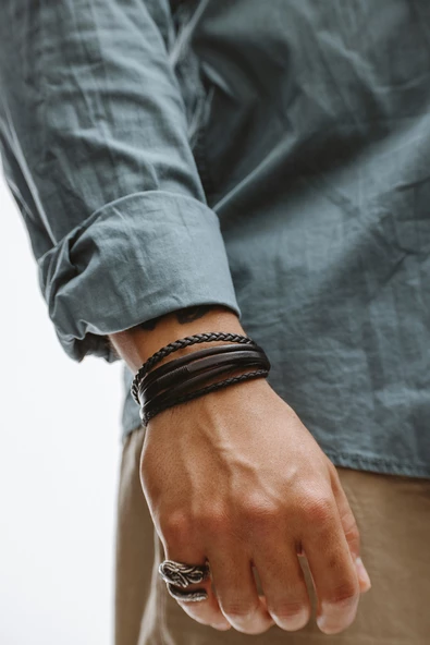 Hakiki Deri Çoklu Siyah Şeritli Saç ve Boru Örgülü Bileklik - 3