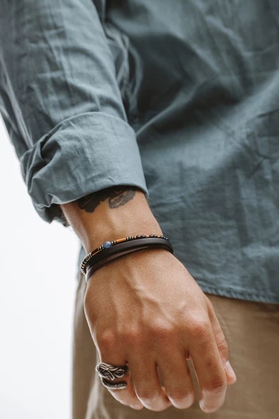 Hakiki Deri Siyah ve Taba Şeritli Hematit ve Doğaltaşlı Bileklik - 2