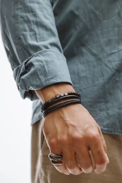 Hakiki Deri Siyah Şeritli Beşli Saç Örgülü Hematit ve Oniks Taşlı Bileklik - 2