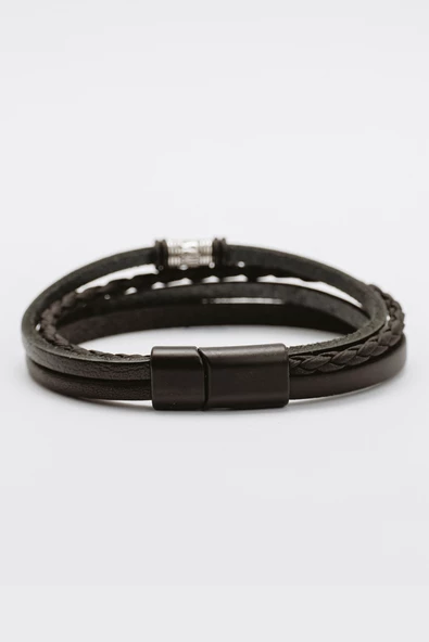 Hakiki Deri Siyah Şeritli Boru Örgülü Oring ve Aksesuarlı Bileklik - 3