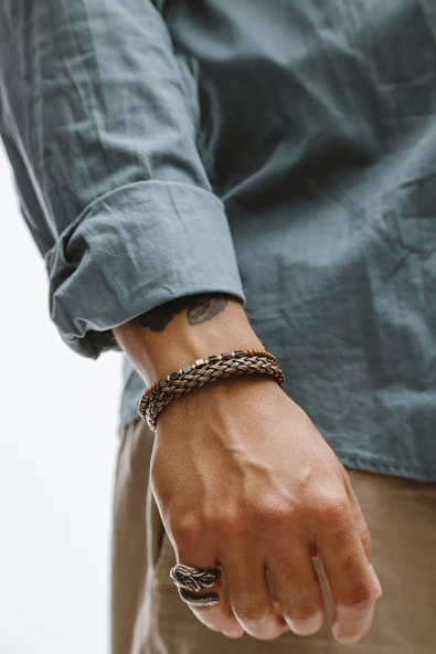 Hematitli Küp ve Yuvarlak Ahşaplı Hasır Duble Örgü Bileklik - 2