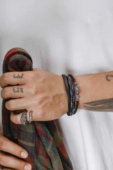 Hakiki Deri Siyah Şeritli Lacivert Siyah Beşli Saç Örgülü Doğal Taşlı Bileklik - 2