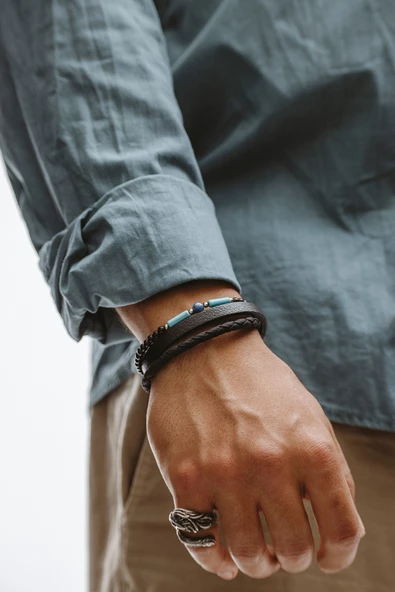 Hakiki Deri Şeritli Siyah Boru Örgülü Turkuaz Doğal Taşlı Bileklik - 2