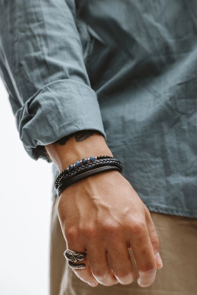 Hakiki Deri Siyah Şeritli Lacivert Siyah Beşli Saç Örgülü Doğal Taşlı Bileklik - 3