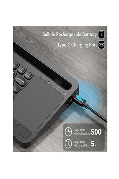 Lenovo Tab P11 TB-J606F 11" Uyumlu Kablosuz Bluetooth Şarjlı Büyük Boy Standlı TouchPad'li Klavye - Resim 5