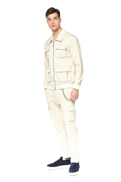 Erkek Fermuarlı Cep Detaylı Çizgili Spor Ceket Mont - 9