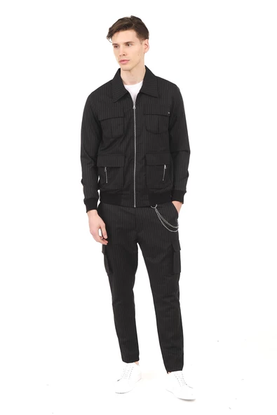 Erkek Fermuarlı Cep Detaylı Çizgili Spor Ceket Mont - 3