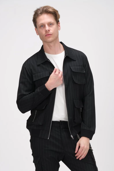 Erkek Fermuarlı Cep Detaylı Çizgili Spor Ceket Mont - 11