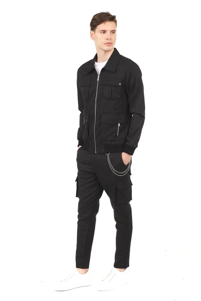 Erkek Fermuarlı Cep Detaylı Çizgili Spor Ceket Mont - 2