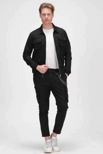 Erkek Fermuarlı Cep Detaylı Çizgili Spor Ceket Mont - 12