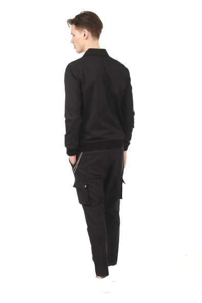 Erkek Fermuarlı Cep Detaylı Çizgili Spor Ceket Mont - 5