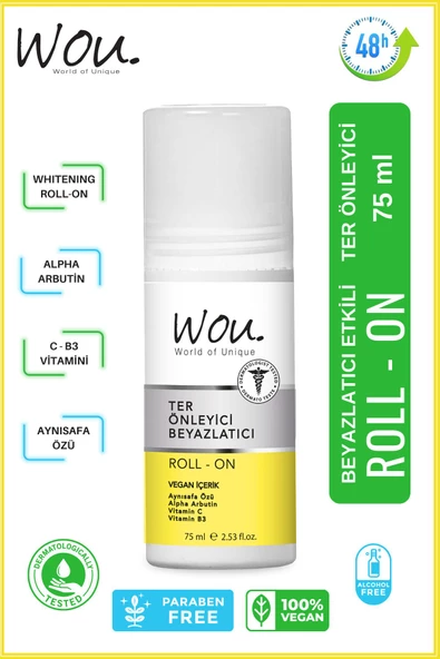 WOU World of Unique Ter Önleyici Ve Beyazlatıcı Roll On, Alpha Arbutin, Aynısafa Özlü Antiperspirant Whitening 75 ml - 2