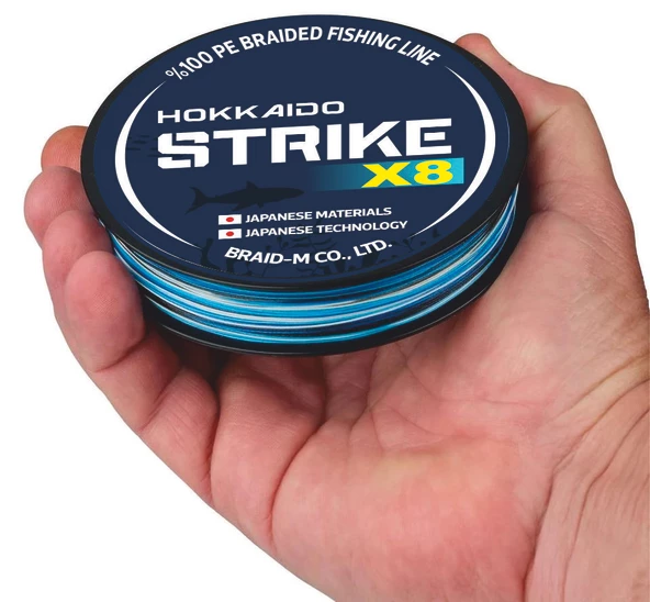 Hokkaido STRIKE BLUE CAMO-MAVİ KAMUFLAJ X8- 8 KATLI 0.18.-MM 150.-METRE 8.2.-KG ÇEKER,İP,ÖRGÜ,İPEK MİSİNA