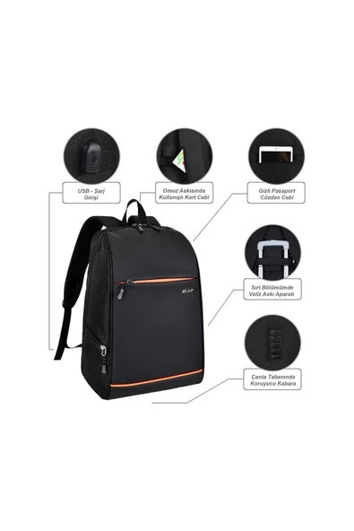 Siyah Smart Bag Gizli Usb Şarj Girişli Akıllı Sırt Çantası (3050)