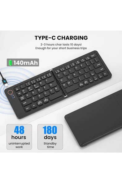 Samsung Galaxy Note 10.1" GT-N8010 Uyumlu Kablosuz Bluetooth Şarjlı Taşınabilir Katlanır Klavye - 3