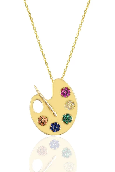 Gümüş altın yaldızlı renkli zirkon taşlı palet kolye SGTL10060GOLD ürün görseli 1