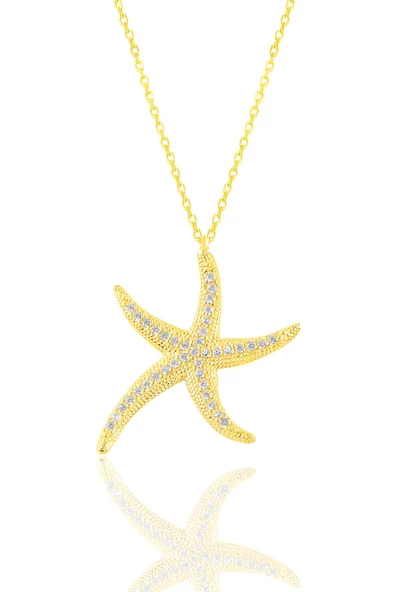 Gümüş altın yaldızlı zirkon taşlı deniz yıldızı kolye SGTL11041GOLD ürün görseli 1