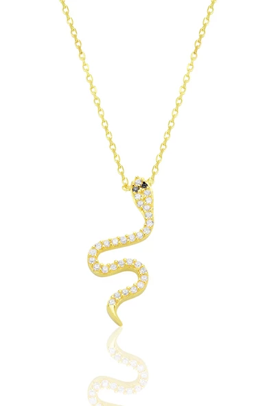 Gümüş altın yaldızlı zirkon taşlı yılan kolye SGTL12556GOLD