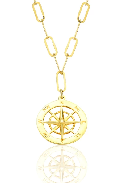 Gümüş altın yaldızlı ataç zincirli pusula kolye SGTL12557GOLD