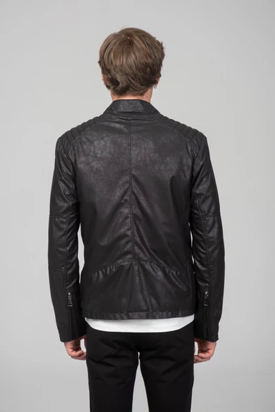 Erkek Özel Baskı Efektli Suni Deri Tarz Mont - 3