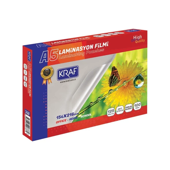 KRAF LAMİNASYON FİLMİ PARLAK A5 125MIC 100LÜ 2125 1 Adet