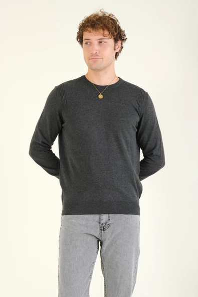 Erkek Biyeli Sıfır Yaka Kazak Antrasit - 4